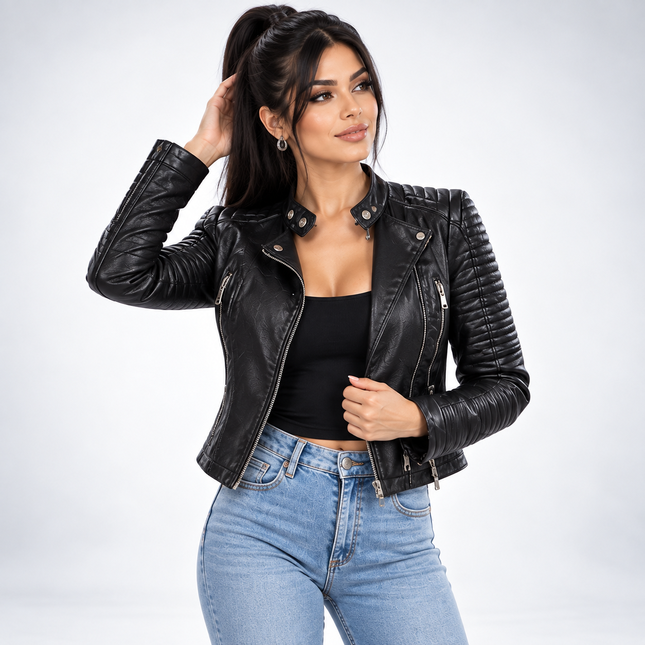 Veste Biker Ajustée Col Officier - coloris Noir