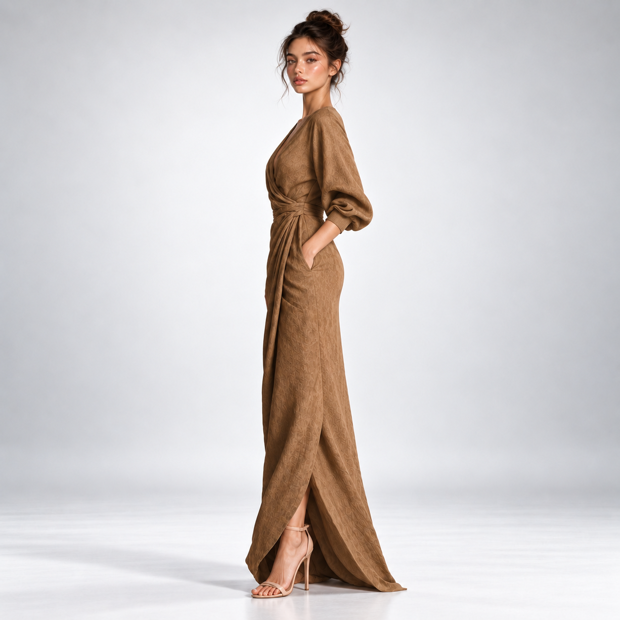 Robe Longue Portefeuille Drapée Col V - vue 3