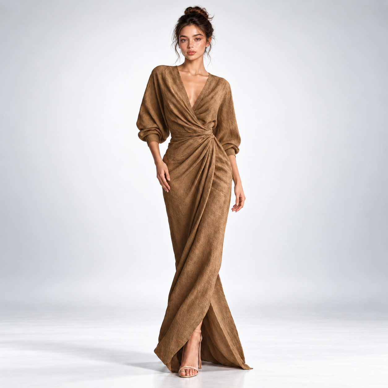 Robe Longue Portefeuille Drapée Col V - coloris Marron