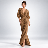 Robe Longue Portefeuille Drapée Col V - coloris Marron