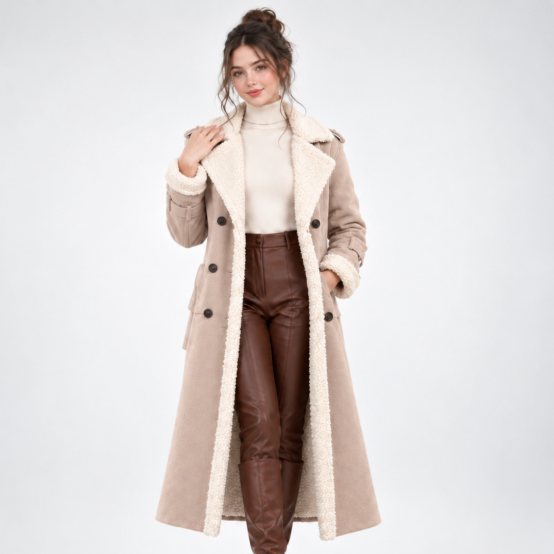 Manteau Long Bordures Sherpa - coloris Abricot