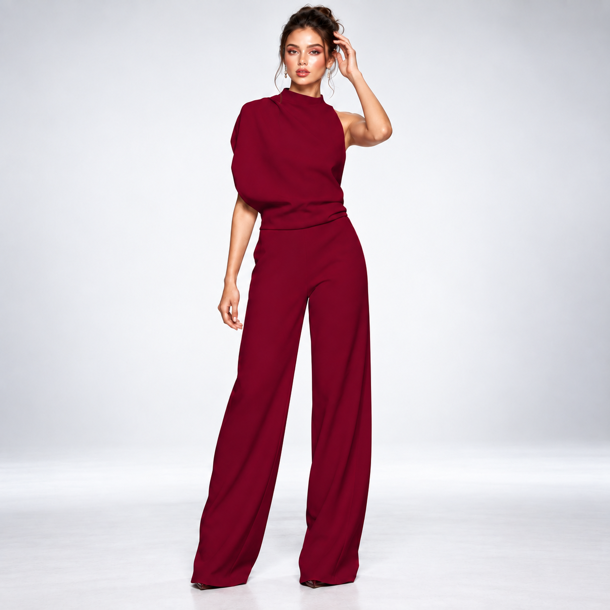 Combinaison Drapée Une Épaule - coloris Bordeaux