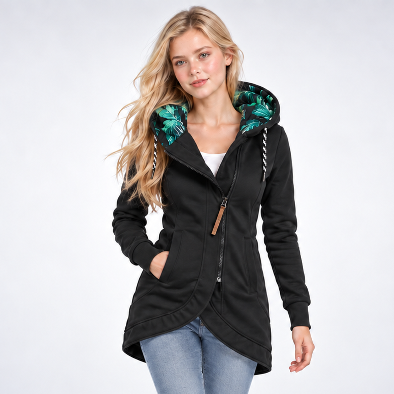 Veste Sweat Longue à Capuche Imprimée - coloris Noir