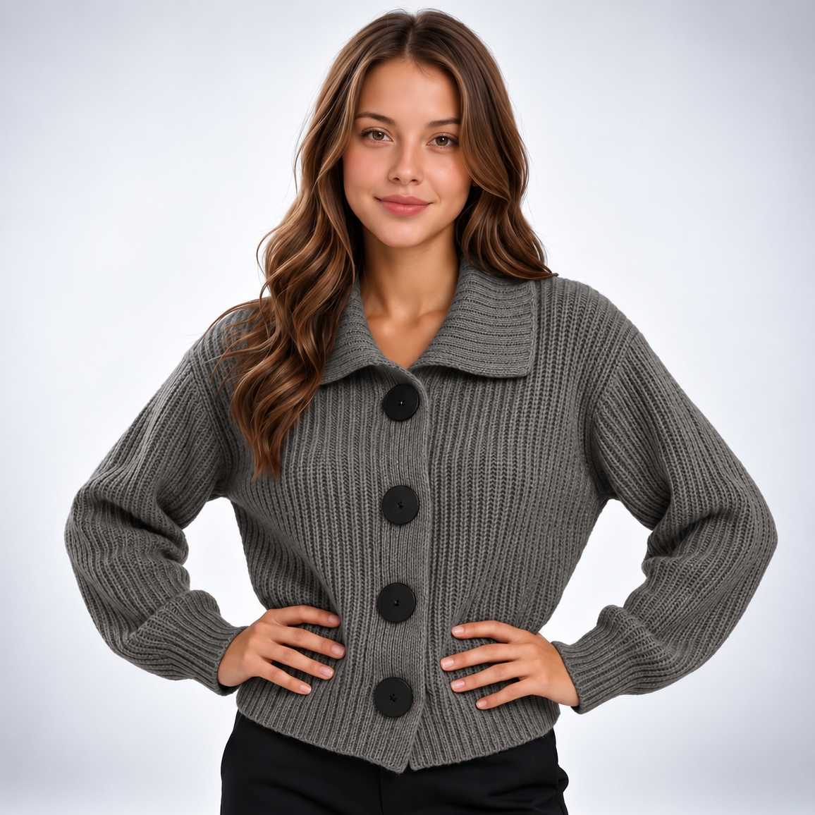 Cardigan Côtelé Oversize Col Chemise - coloris Gris