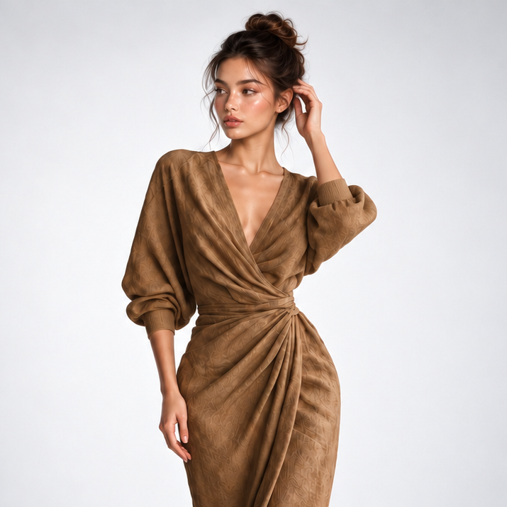 Robe Longue Portefeuille Drapée Col V - vue 4
