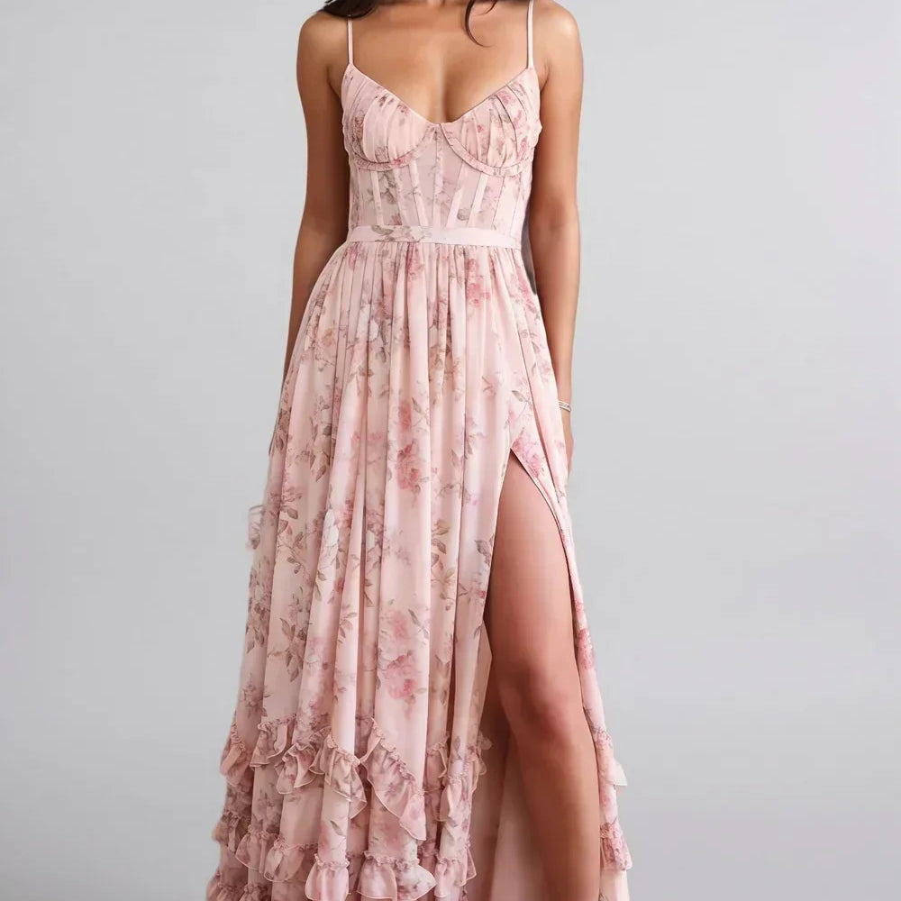 AloeZ | Robe Maxi Romantique Fleurie à Volants