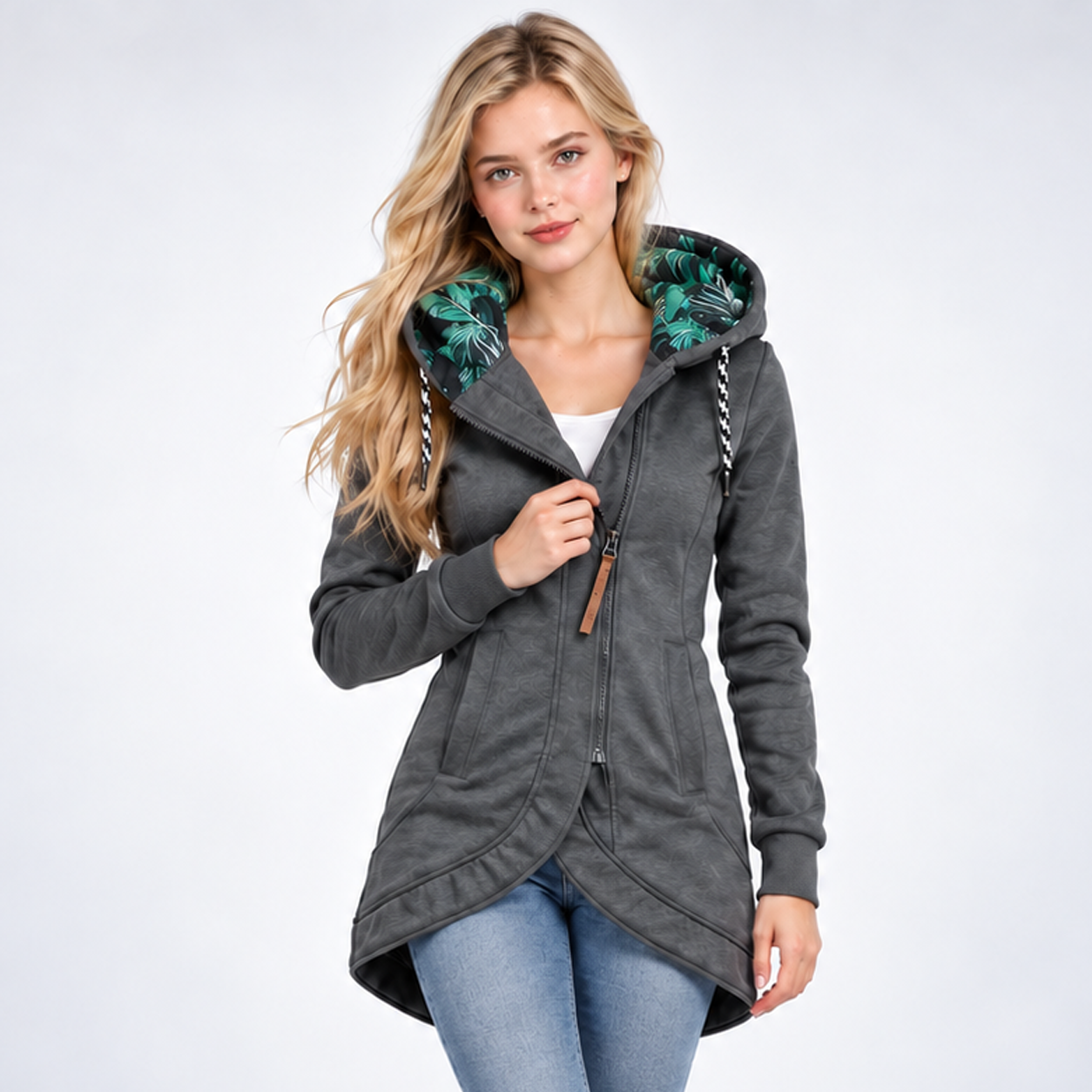Veste Sweat Longue à Capuche Imprimée - coloris Gris