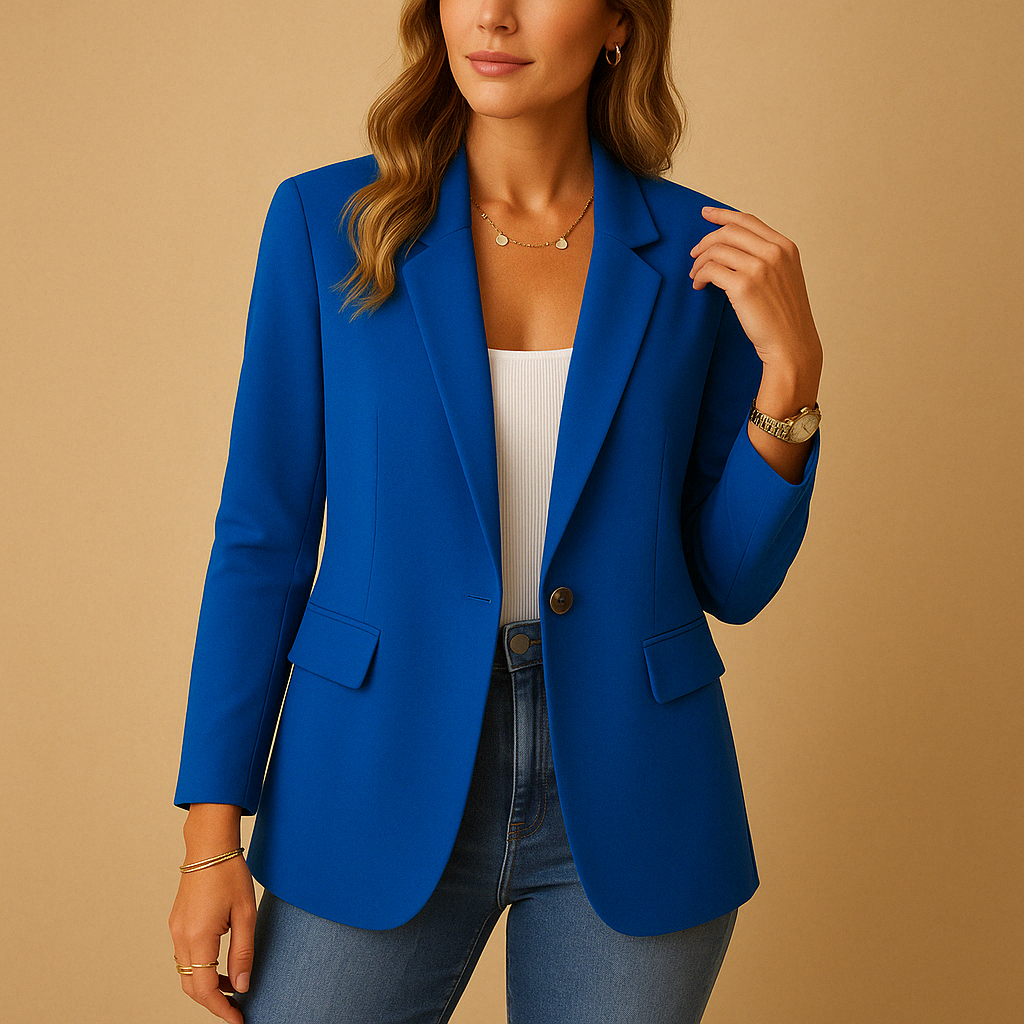 Femme portant le blazer cintré bleu ouvert sur un top blanc et un jean