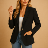 Femme portant le blazer cintré noir boutonné sur un top blanc et un jean