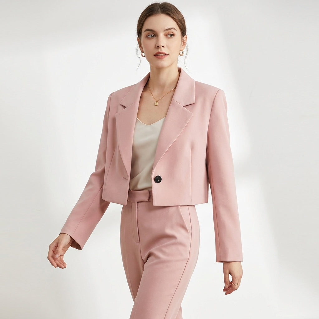 Blazer court rose à revers porté