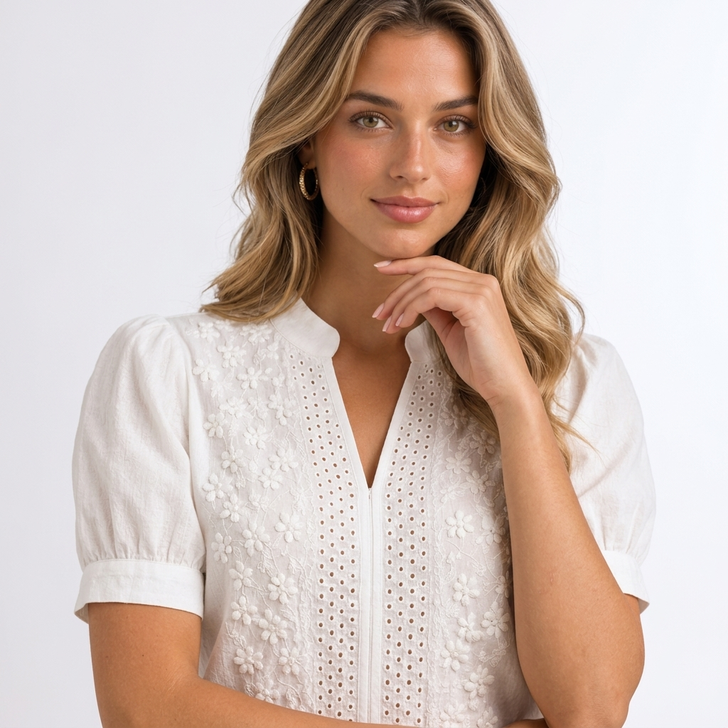 Blouse Brodée Col Montant Fendu - vue 6