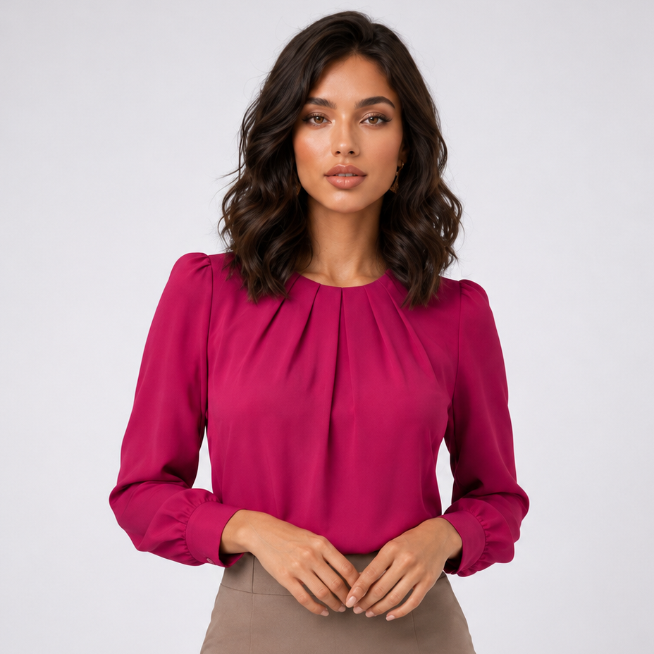 Blouse plissée rose à col rond