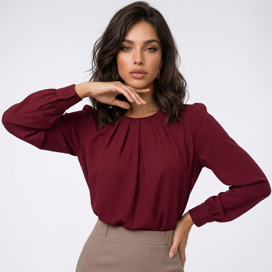 Blouse plissée rouge à col rond