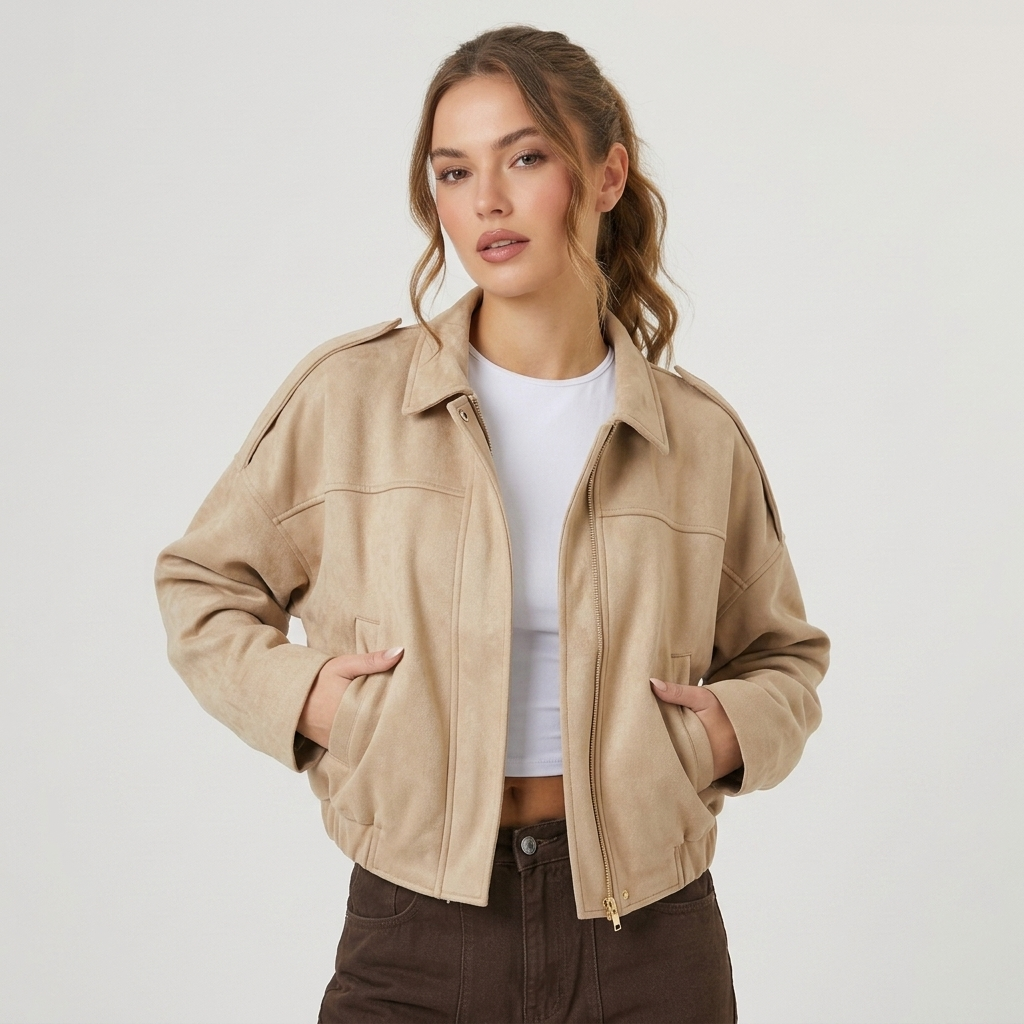 Blouson court beige à col chemise