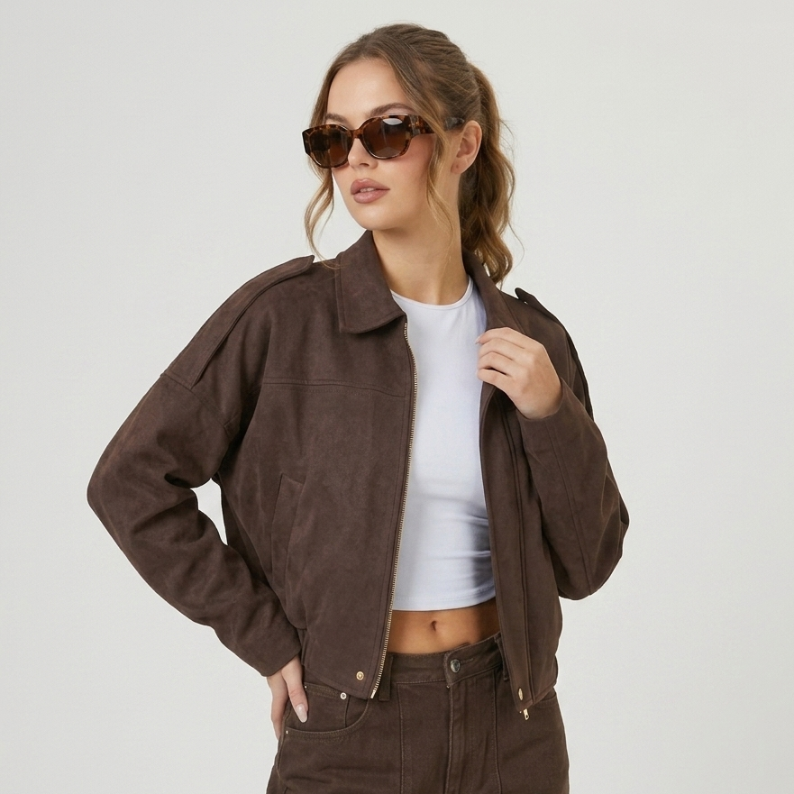 Blouson court marron porté avec des lunettes de soleil