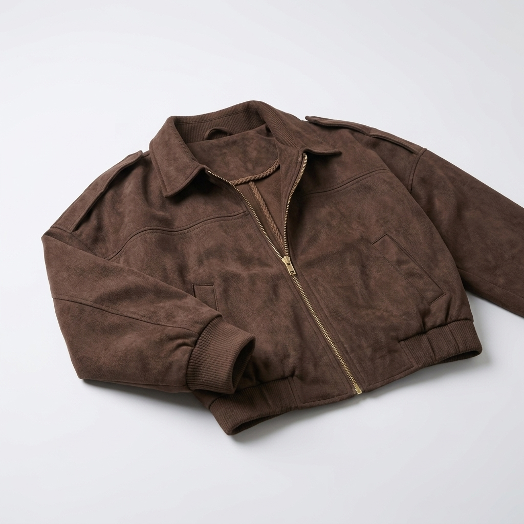 Blouson court marron présenté à plat