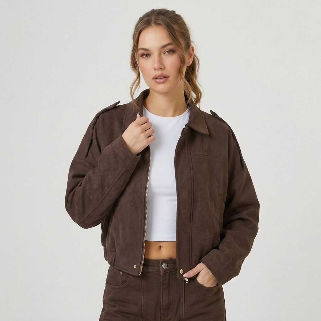Blouson court marron zippé porté ouvert
