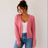 Cardigan court duveteux rose
