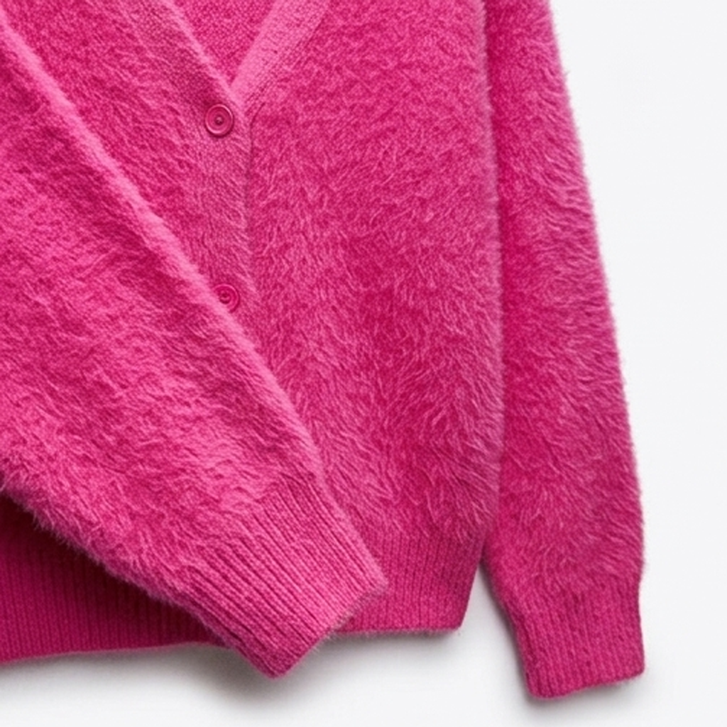 Détail de la maille duveteuse et des poignets côtelés