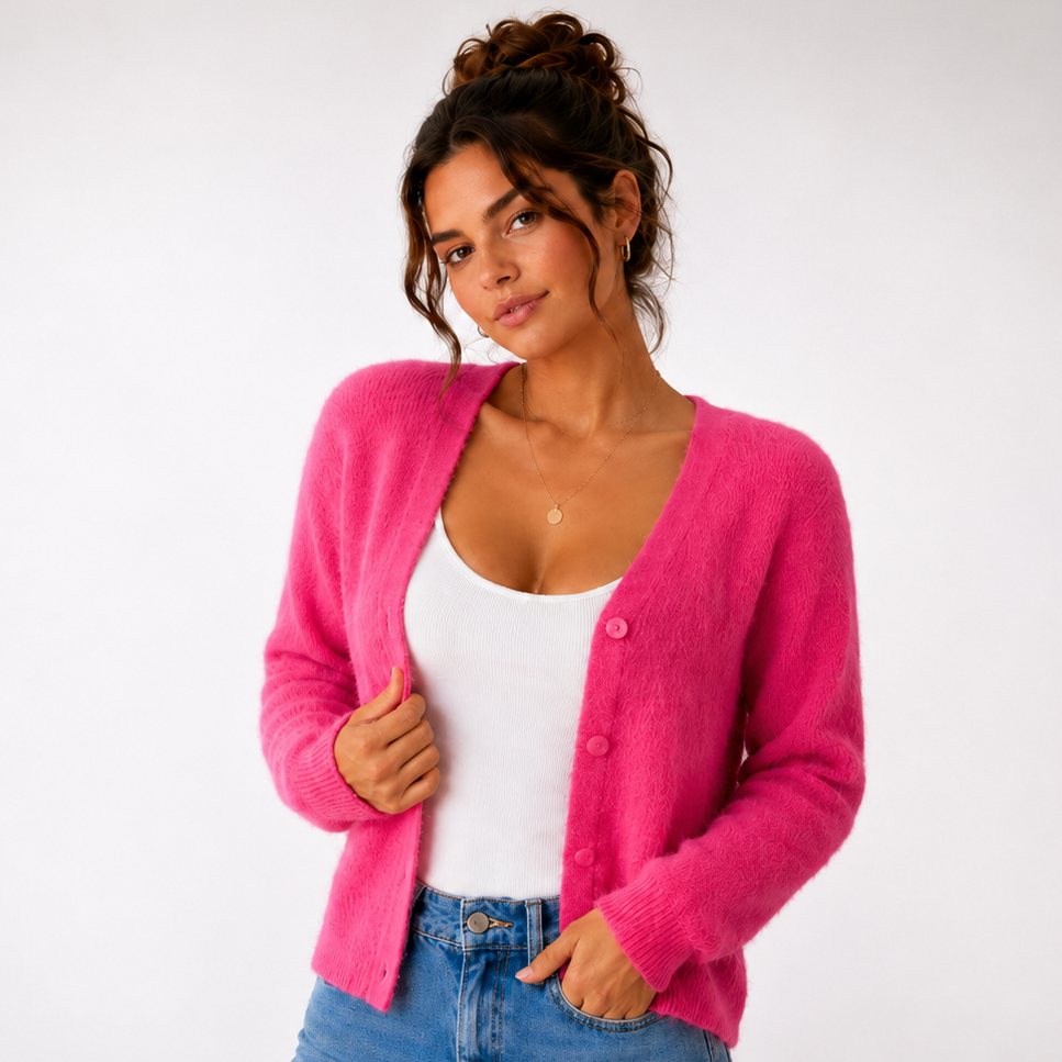Cardigan court duveteux magenta à col V porté avec un jean
