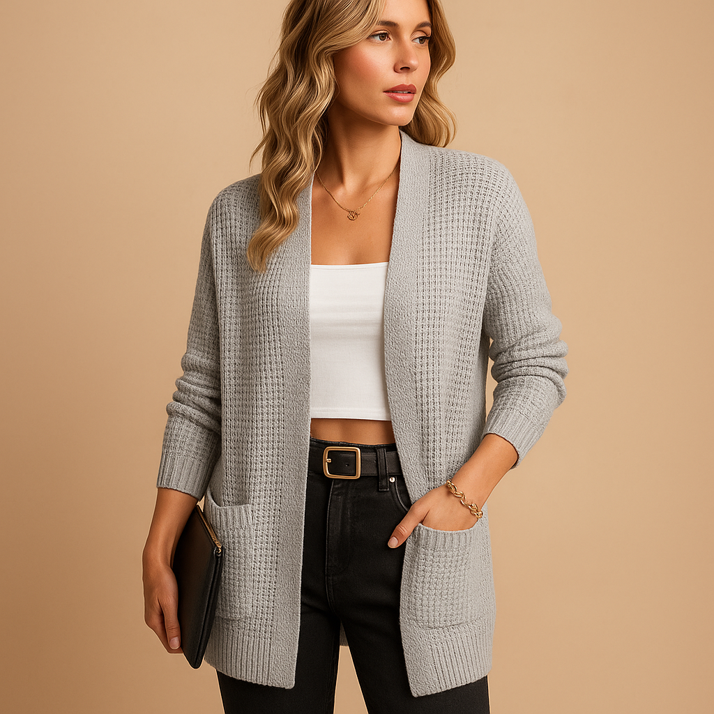 Cardigan long gris à col V et poches