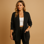 Cardigan long noir à col V et poches