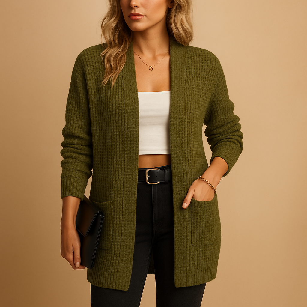 Cardigan long vert à col V et poches