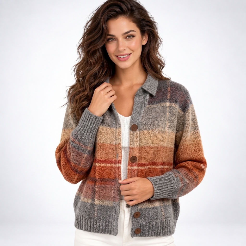 Cardigan Col Chemise à Carreaux Dégradés - coloris Marron Clair