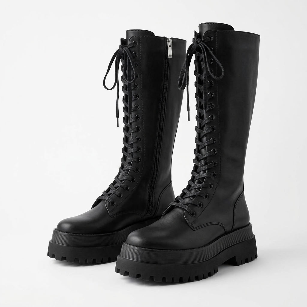 Bottes Hautes à Lacets Semelle Plateforme - coloris Noir