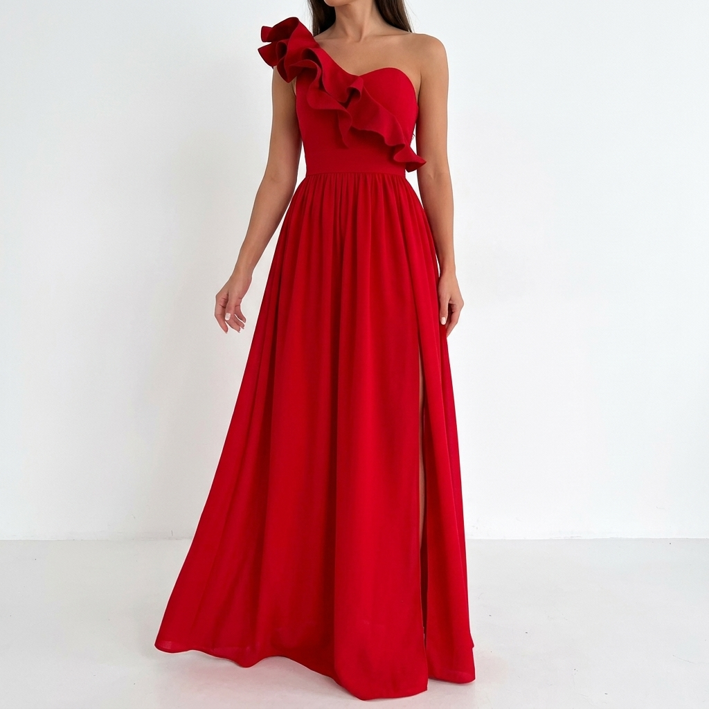 AloeZ | Robe Maxi Soirée Volant Mono-Épaule