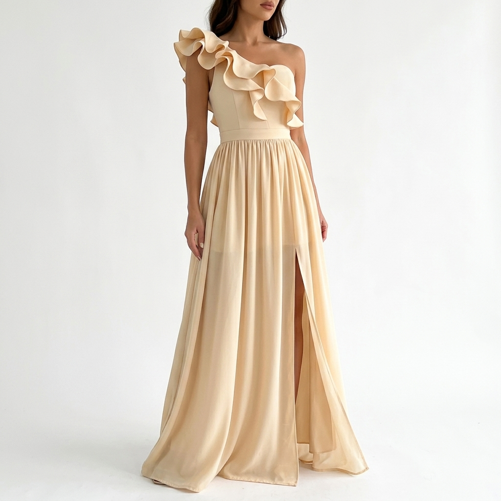 AloeZ | Robe Maxi Soirée Volant Mono-Épaule