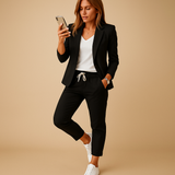 Ensemble blazer et pantalon noir porté avec des baskets blanches