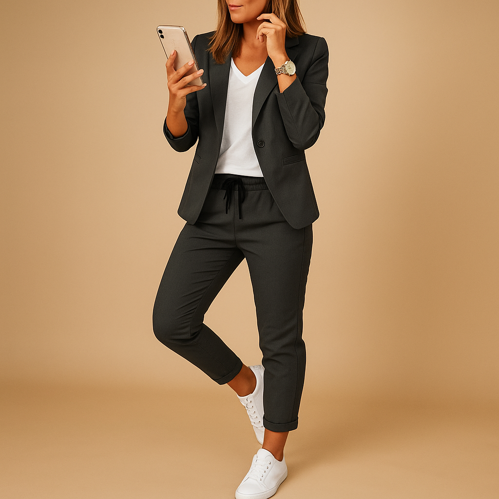 Ensemble blazer et pantalon gris foncé porté avec des baskets blanches