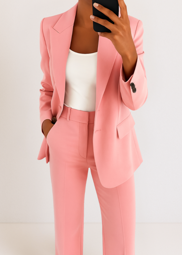 Détail du blazer rose et du pantalon assorti
