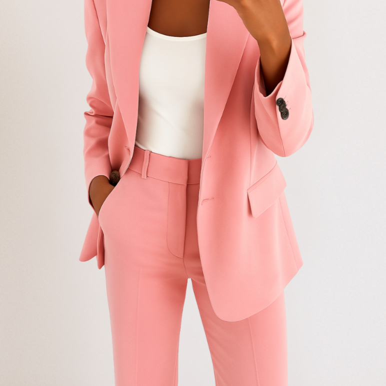 Détail du blazer rose et du pantalon assorti