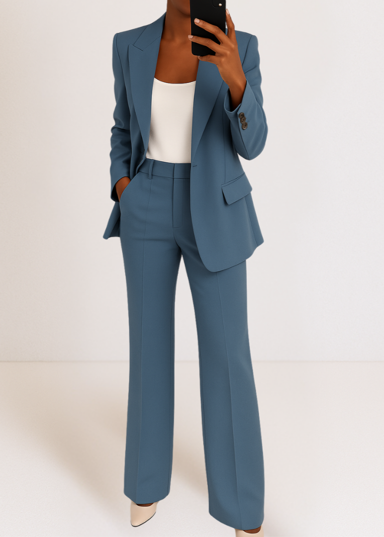 Ensemble blazer et pantalon large bleu, vue en pied
