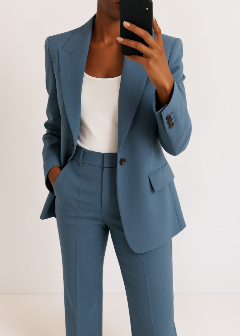 Détail du blazer bleu et du pantalon large assorti