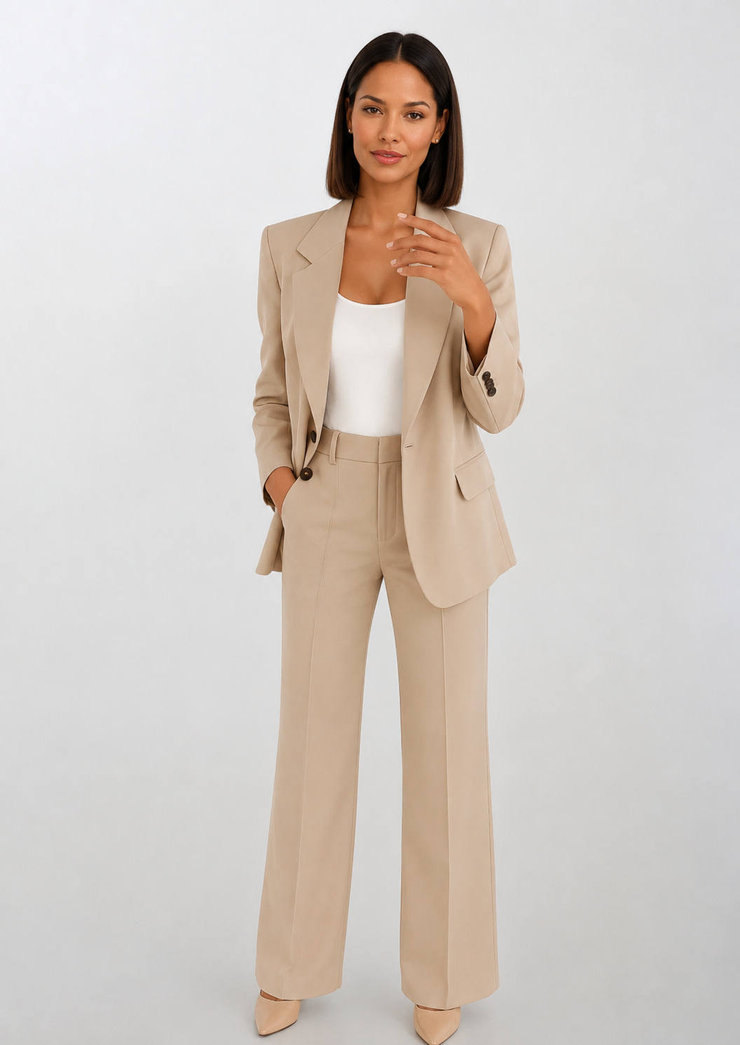 Ensemble blazer et pantalon large beige porté