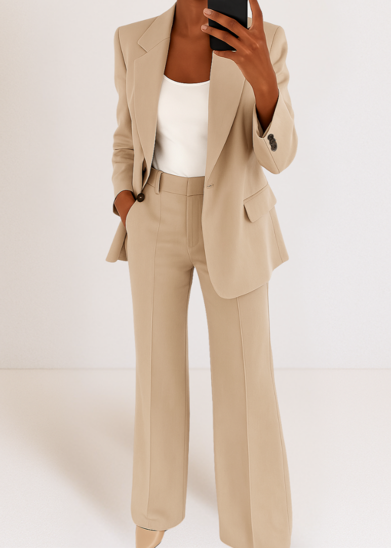 Ensemble beige, blazer à revers et pantalon large