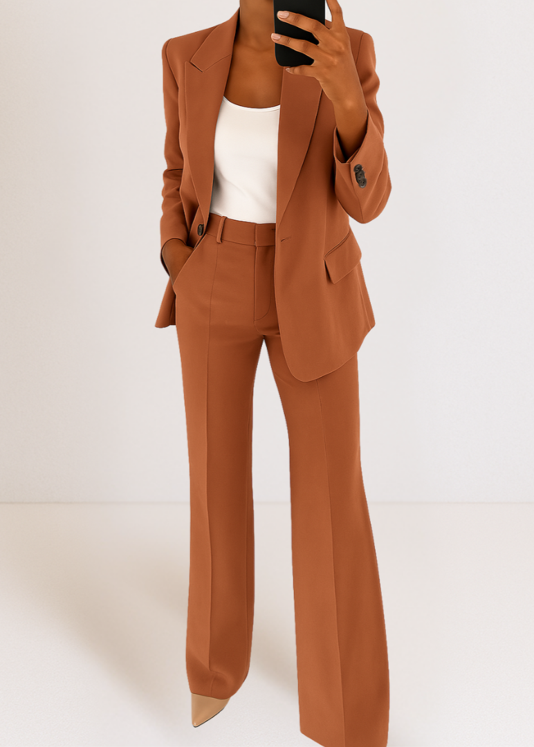 Ensemble blazer et pantalon large marron porté