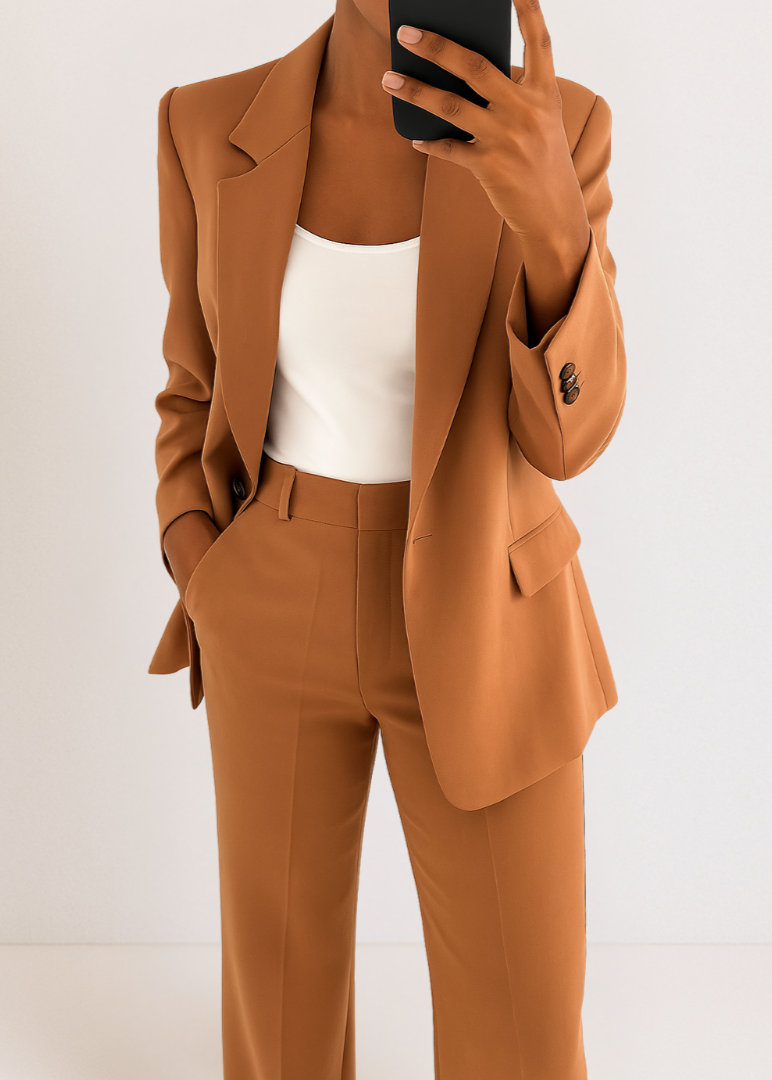 Détail du blazer marron et du pantalon assorti