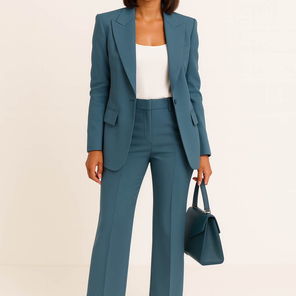 Ensemble blazer et pantalon large bleu porté avec un sac à main