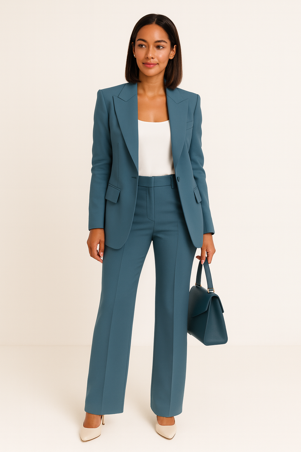 Ensemble blazer et pantalon large bleu porté avec un sac à main