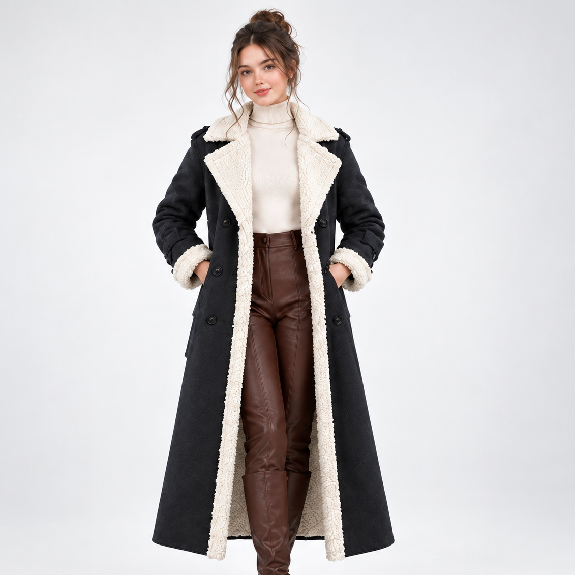 Manteau Long Bordures Sherpa - coloris Noir