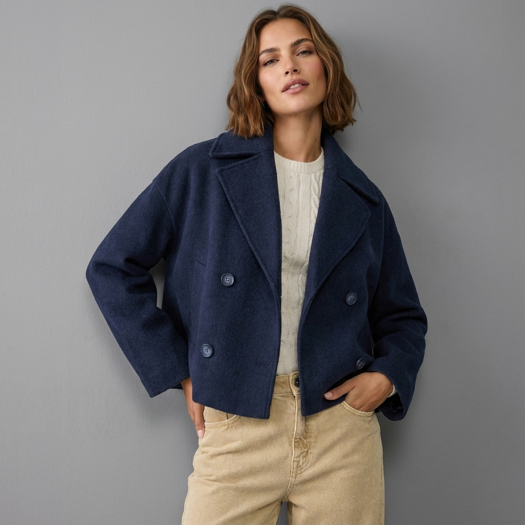Manteau court croisé bleu marine à revers