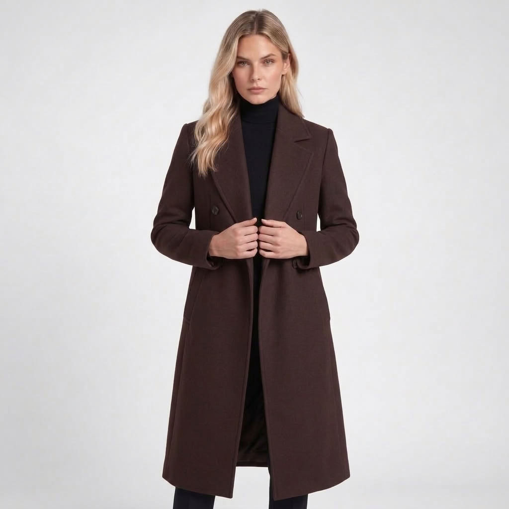Manteau long à revers coloris marron foncé