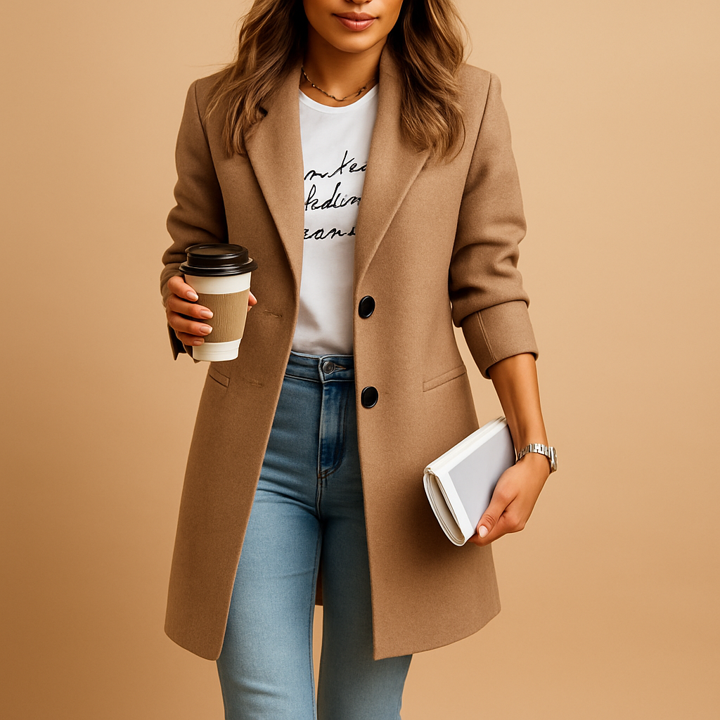 Manteau mi-long marron porté avec un jean