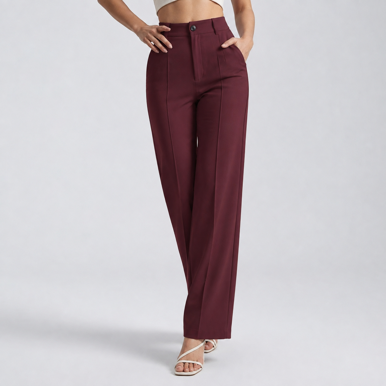 Pantalon taille haute rouge foncé