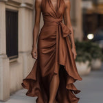 Robe maxi portefeuille marron portée