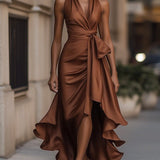 Robe maxi portefeuille marron portée
